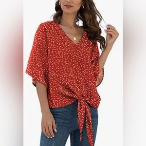 VIISHOW Tie Front Chiffon Blouses V Neck Batwing Short Sleeve red/multi 2X